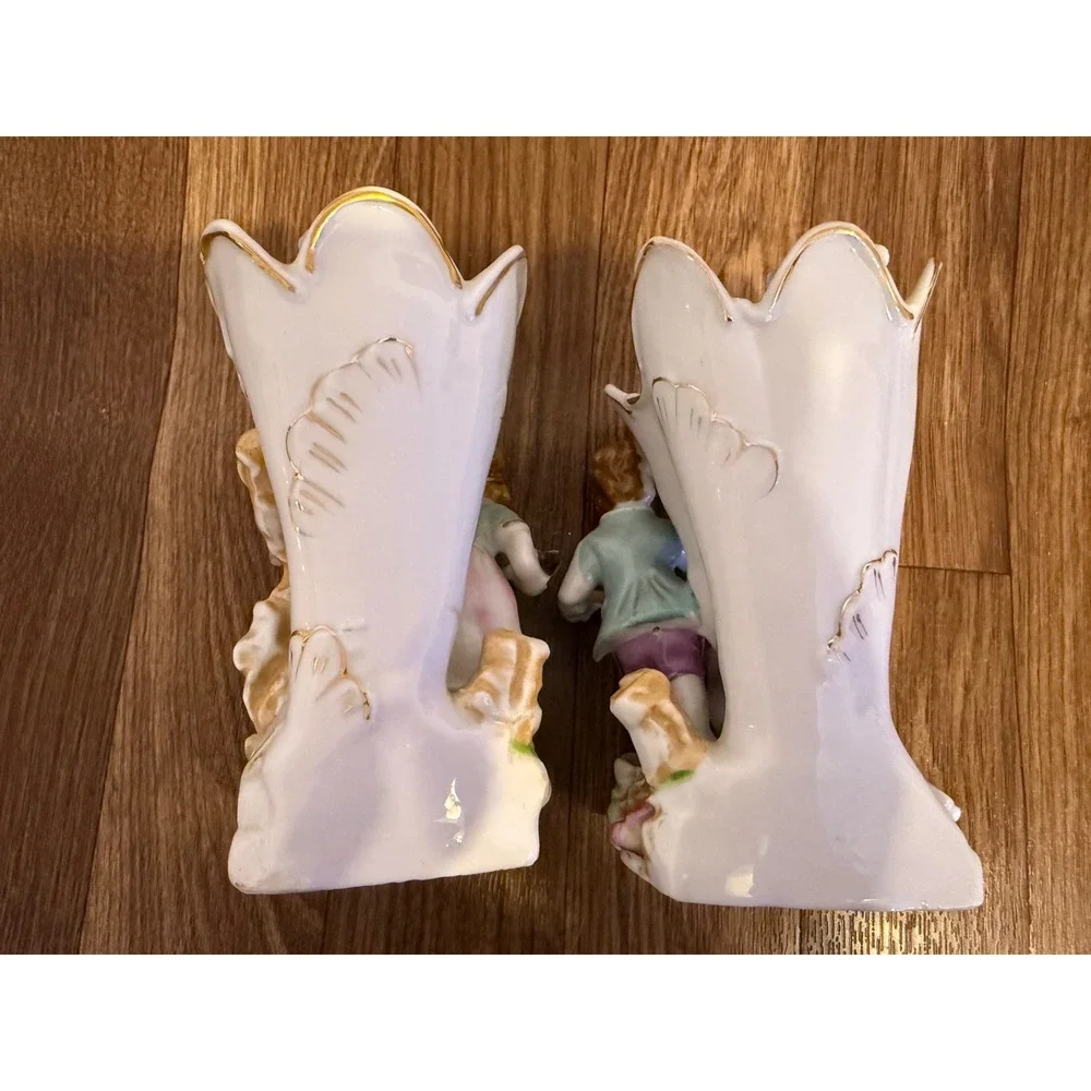 Vintage Porcelain Spill Vase Set‎ Boy Girl Figurine Hand Painted Floral Gold Rim